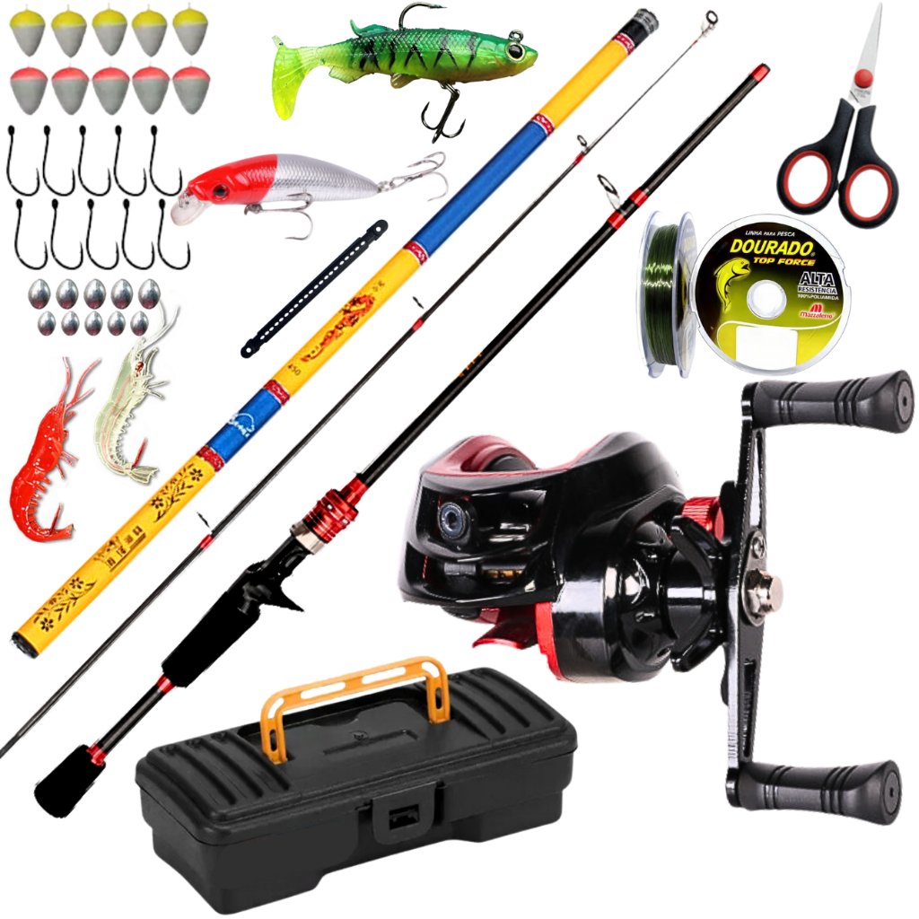 Carretilha de Pesca com Vara de Fibra de Carbono Vara Telescopica de Mão 3,60 Isca Artificial KIT