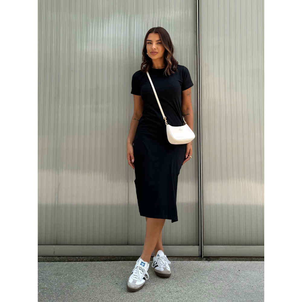 Vestido Feminino Midi Básico Manga Curta 100% Algodão Liso Casual em Oferta na Shopee