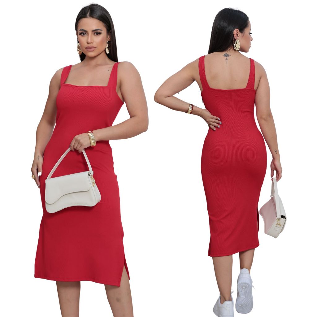Vestido Midi Tecido Canelado Ribana  Premium Moda Verão Elegancia