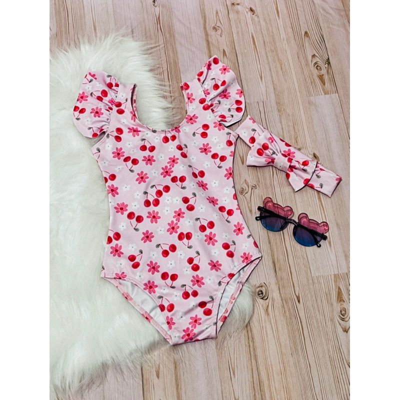 Maiô Infantil Menina Estampa Cereja com Babados + Laço | Moda Praia Verão