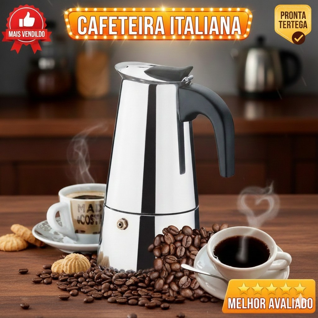 Imagem Cafeteira Italiana em Inox 450ML Chá Café Expresso 9 Xícaras Preparo Rápido e Com Sabor
