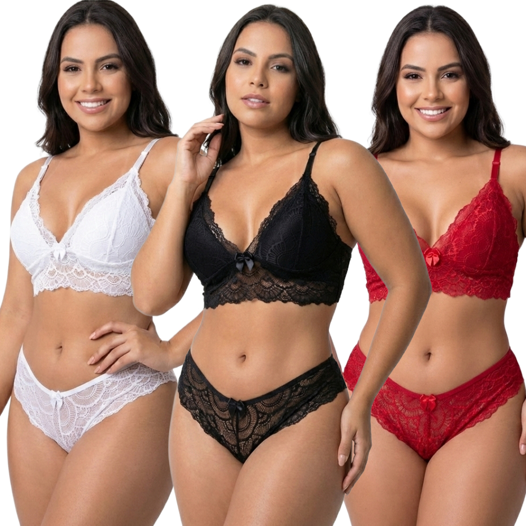 Kit 3 Conjuntos De Lingerie Feminino Calcinha e Sutiã Renda sem Bojo Malha 100% Algodão em Oferta na Shopee