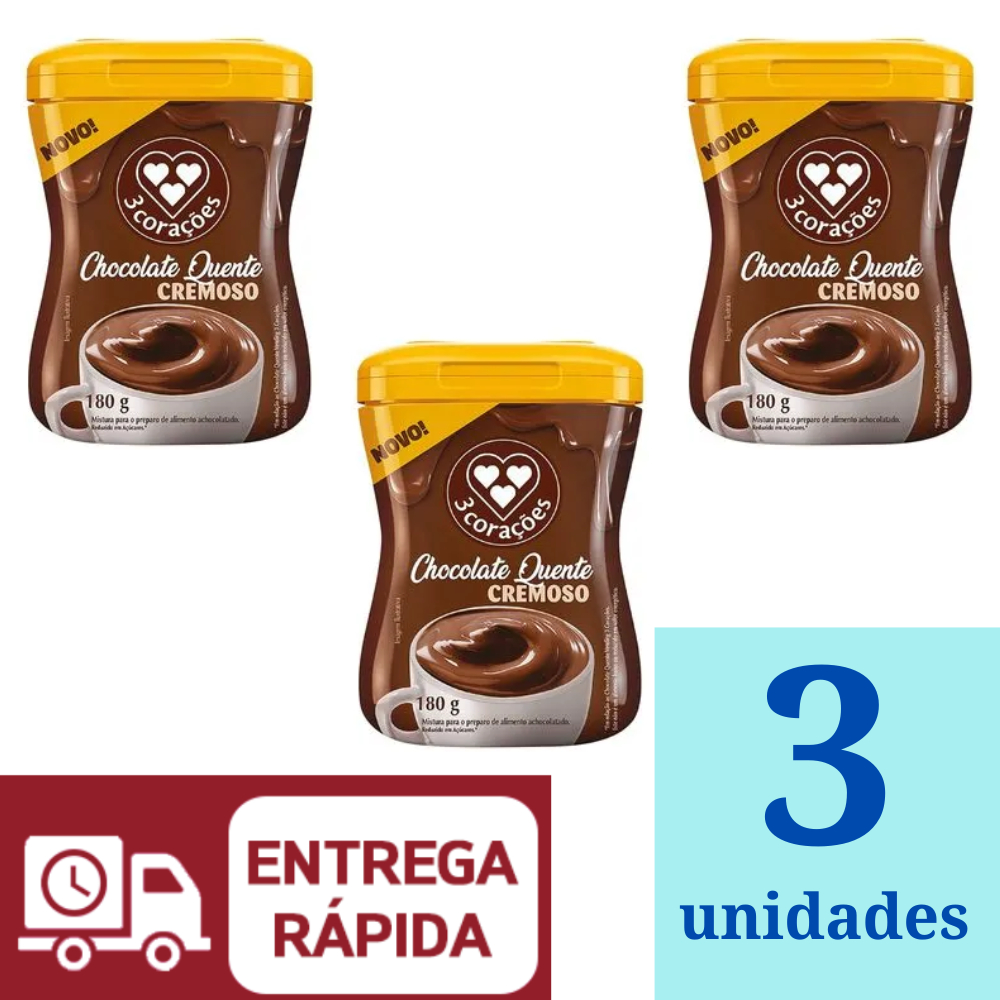 Achocolatado em Pó Chocolate Quente Cremoso 3 Corações 180g Kit 3