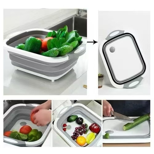 Tábua Cesto Escorredor Retrátil Silicone 3 em 1 Para Lavar Alimentos Legumes Frutas Pia Cozinha