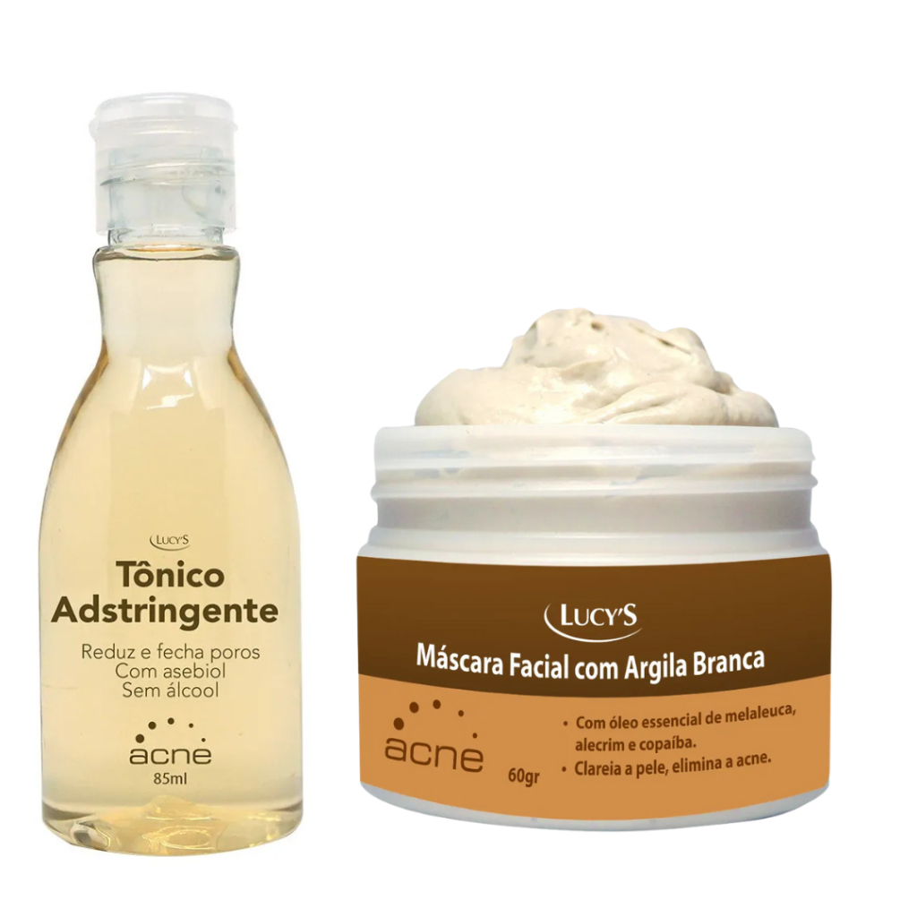 Kit Facial Antiacne Lucy’s – Tônico Sem Álcool + Máscara Argila Branca Melaleuca