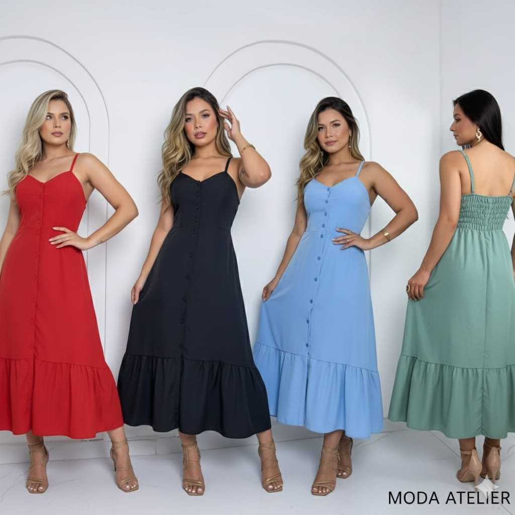 vestido midi Femenino, vestido com botões, vestido verão, vestido casual, vestido leve, vestido alça fina