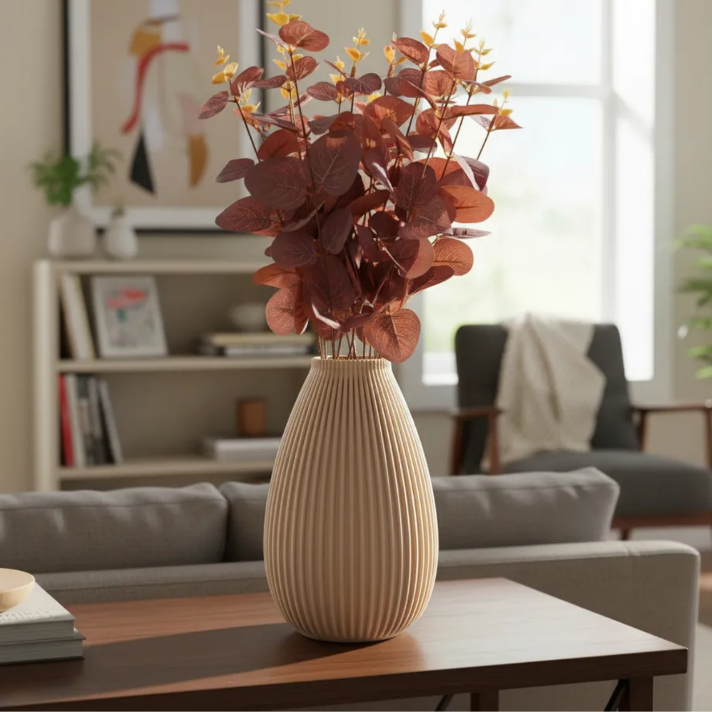 Vaso Ornamental Estriado com Arranjo de Eucalipto Artificial Decoração em Oferta na Shopee