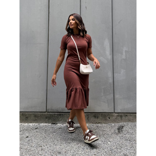 Vestido Feminino Midi Com Babado Soltinho Confortável Casual Elegante Algodão em Oferta na Shopee