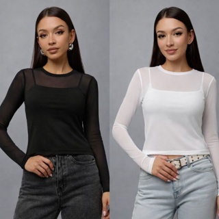 Blusa de Tule Transparente Manga Longa (Preta ou Branca) | Efeito Segunda Pele | Tam Único 36-42 Alta Elasticidade em Oferta na Shopee