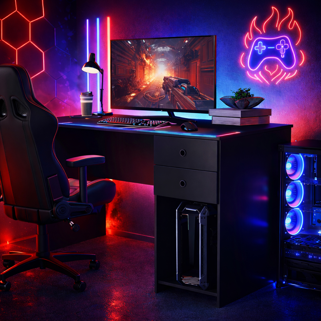 Mesa Gamer Escrivaninha Nvidia Nitro Premium Suporte Cpu, Notebook e Monitor | Setup Gamer Home Office
