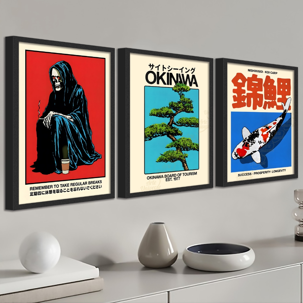 Trio quadros artes japonesas minimalistas carpa, bonsai com moldura caixa 3cm premium e vidro 33x45cm