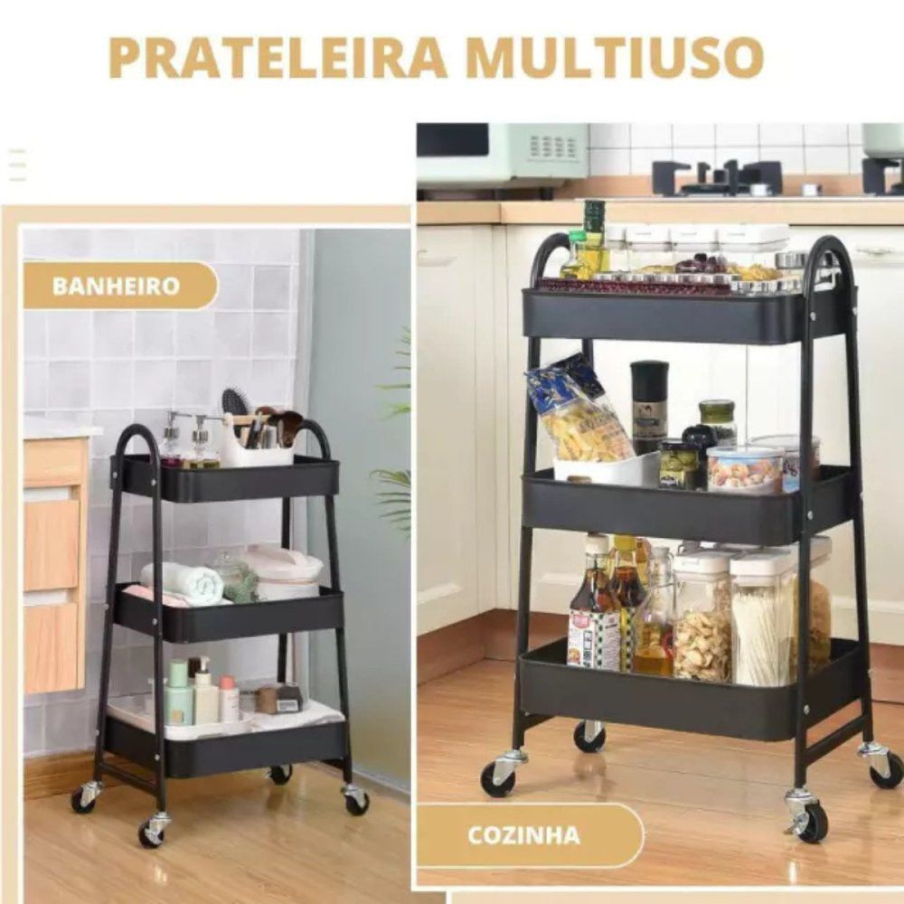 Prateleira Metal Organizadora 3 Andares Rodinhas Preta Carrinho Multiuso Cozinha Banheiro Lavanderia Resistente