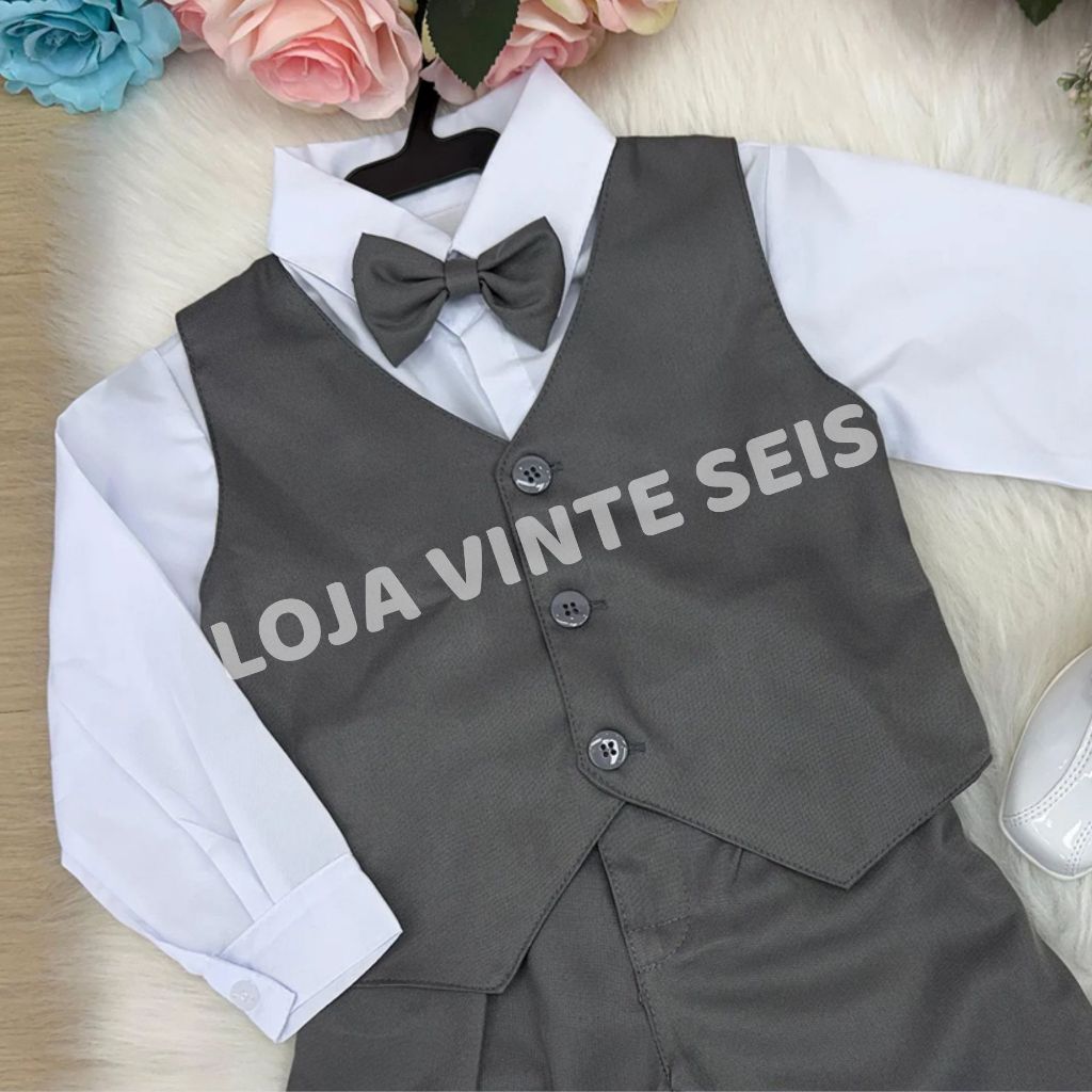Conjunto Cinza Social Infantil Menino Pajem Casamento Batizado Formatura Festa Aniversário Luxo 1 ao 16 anos