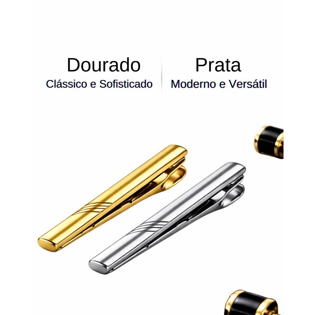 Prendedor de Gravata Slim - KIT 2 Peças Metal Inoxidável | Prata e Dourado | 4 a 6cm | Acessório Social Elegante p/Festa