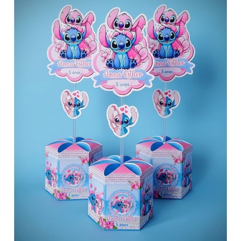 Centro de mesa Stitch e Angel Personalizado - Lembrancinha aniversário - Caixa sextavada - kit