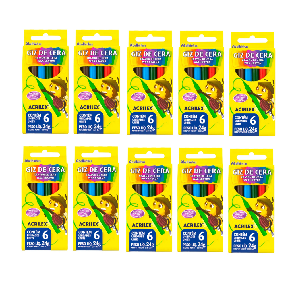 Giz De Cera 6 Cores 24g Acrilex Kit 10 Caixas