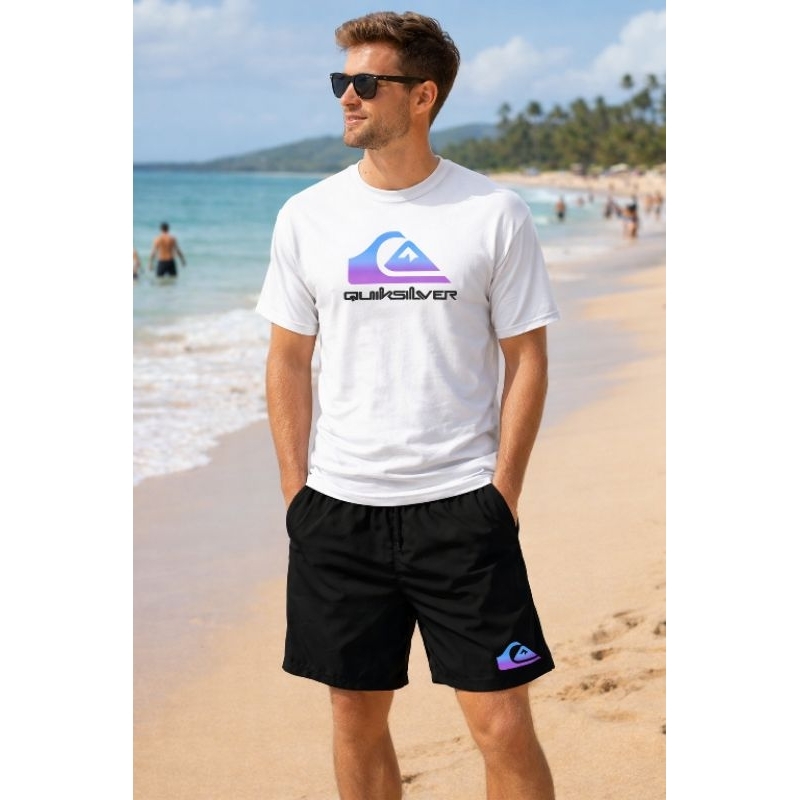kit Camiseta algodão e short Tactel Praia Quiksilver Streetwear lançamento Verão