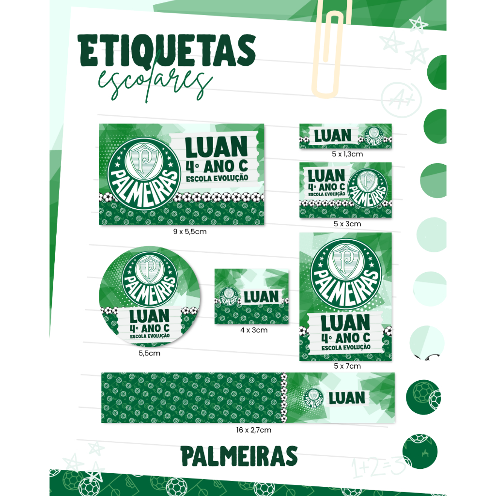 100 Etiquetas Escolares Palmeiras Adesivas - REALIZAMOS QUALQUER TEMA em Oferta na Shopee