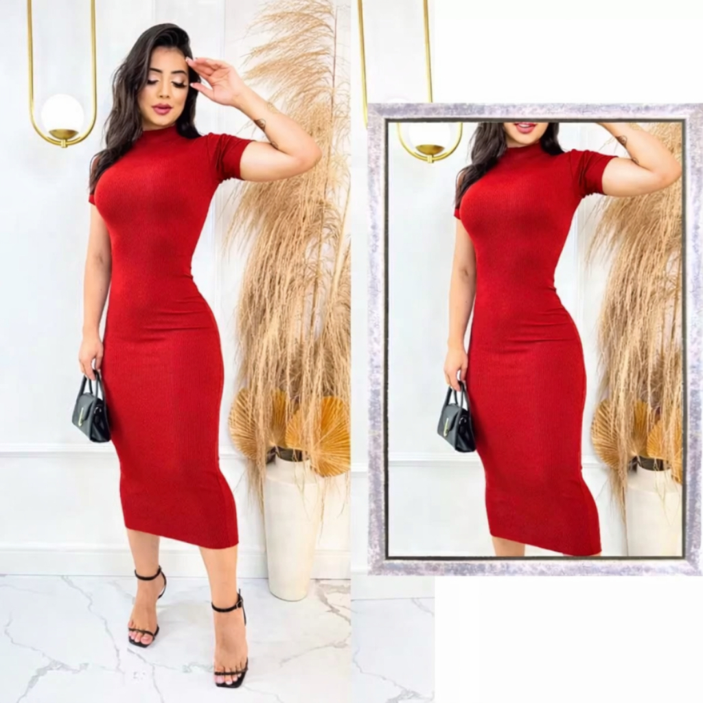 Vestido Midi Longo Evangélico Com Manga Elegância Conforto Blogueira Tendência Moda Mídi Tubinho Gola Alta Amanda