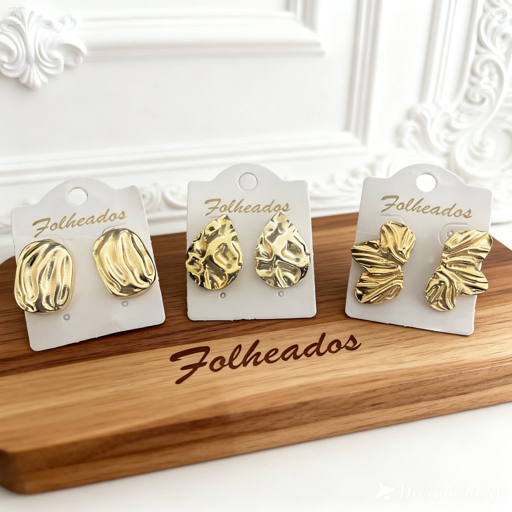 Brincos Femininos Folheados a Ouro 3 Pares Dourado Gota e Orgânico Texturizado Trio Brincos Delicados Elegantes