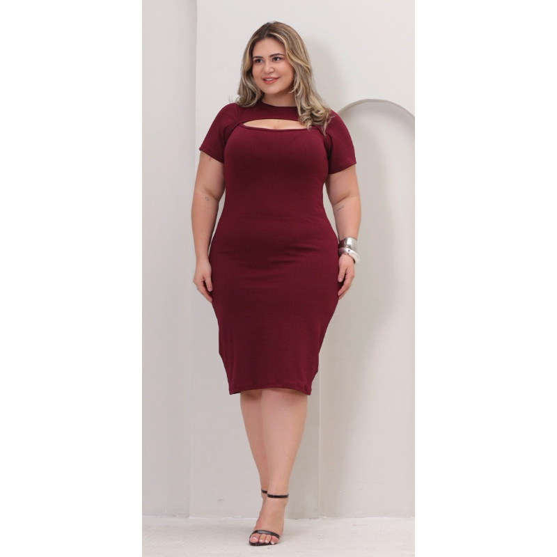 Vestido Mídi Plus Size Decote Vazado Canelado Manga  Curta  Gg G1 G2