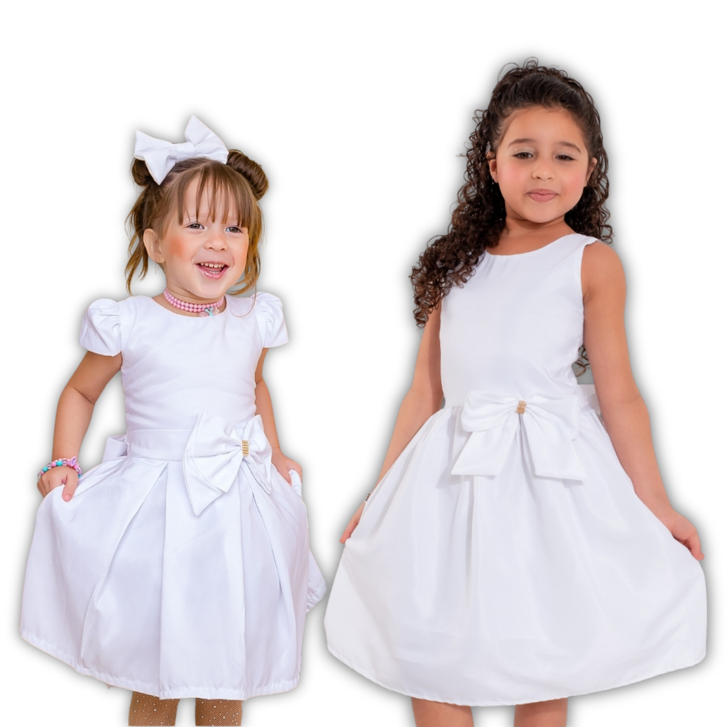 vestido infantil festa menina branco com manga ou regata rodado luxo liso social em Oferta na Shopee