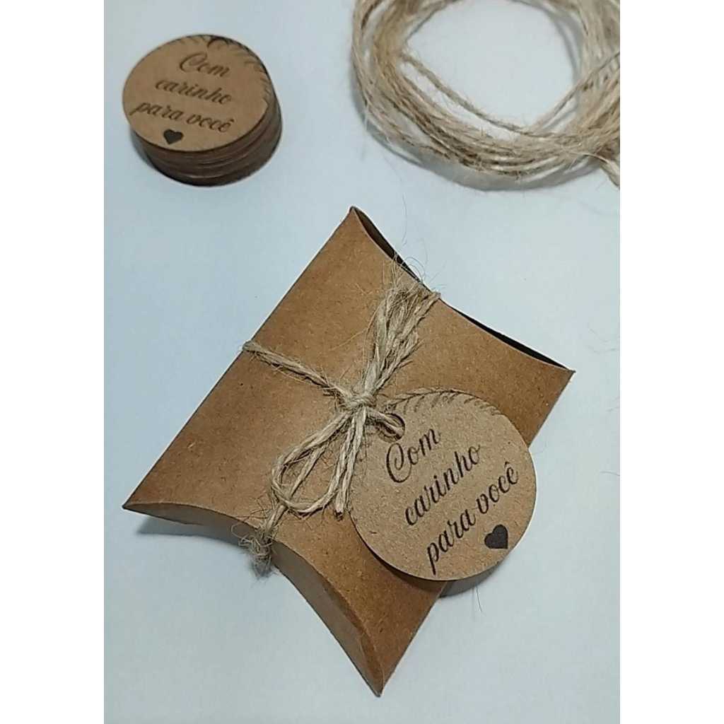 kit 30 Caixinhas Almofada Kraft + Tag Redonda | Embalagem Lembrancinha
