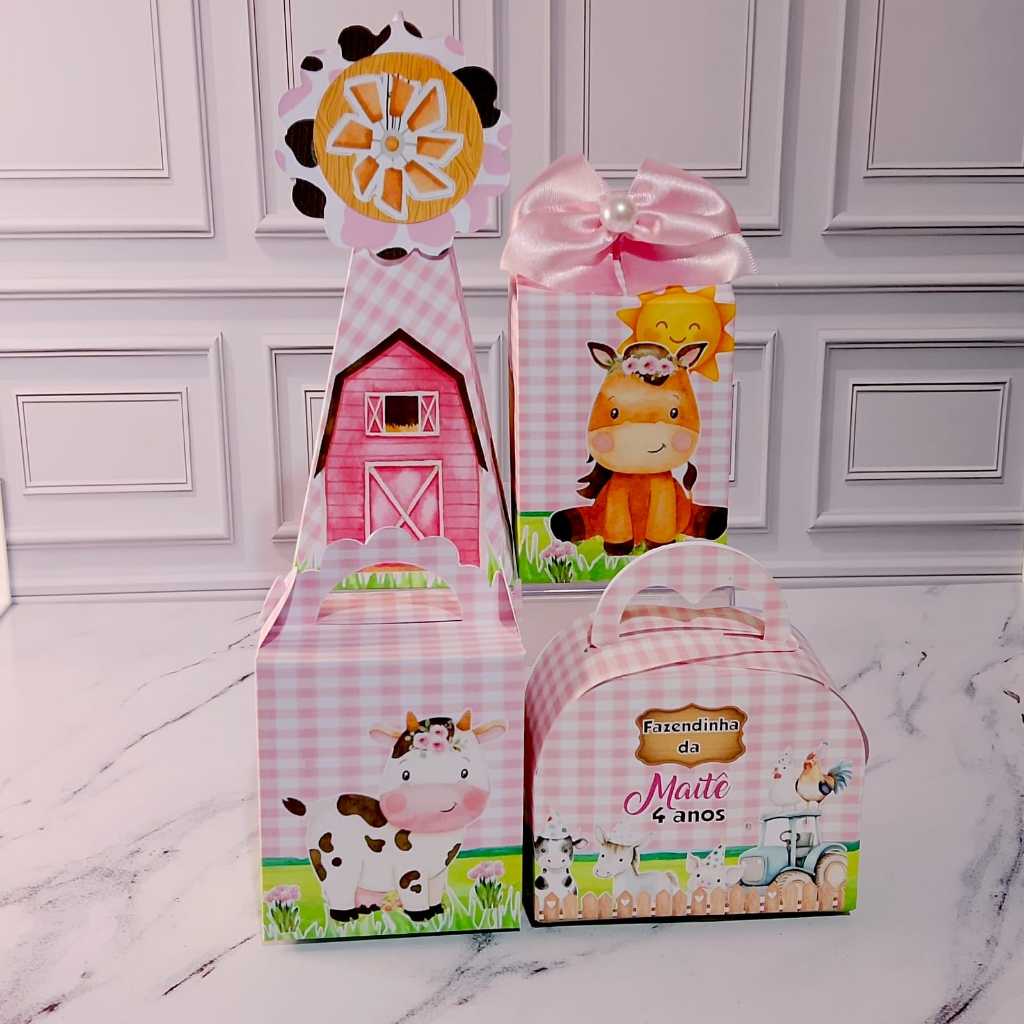 Kit Caixinhas Personalizada-Fazendinha-Menina-Festa-Aniversário-Lembrancinha-Caixa Milk