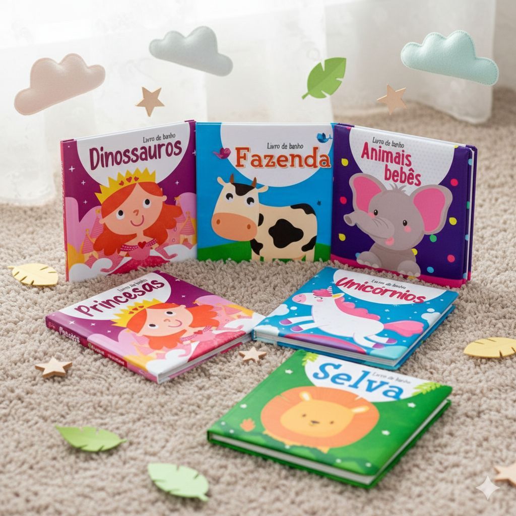 Kit com 6 Mini Livros de Banho Emborrachados Educativo Impermeável Sensorial Primeira Infância