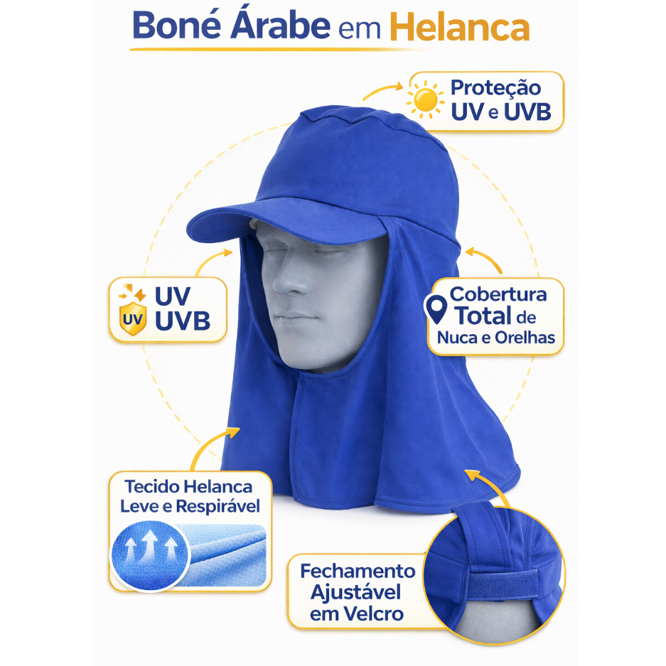 Boné Árabe com Proteção UV Helanca Velcro no Pescoço Protetor de Nuca e Pescoço ajustável