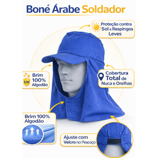 Boné Soldador Árabe Brim 100% Algodão Proteção UV Nuca e Pescoço Profissional CA