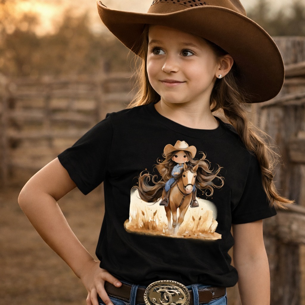 T-shirt Infantil Feminina Estampa Menina No Cavalo 100% Algodão Toque Macio Blusa/Camiseta/Camisa em Oferta na Shopee