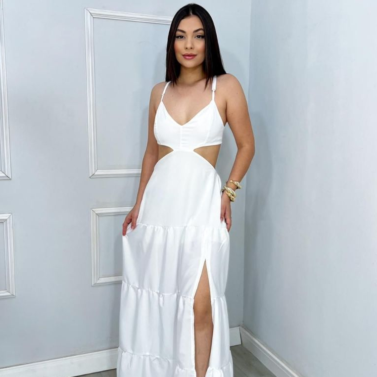 Vestido Feminino Longo de Alças Ajustáveis e Fenda Lateral Festas ou Dia