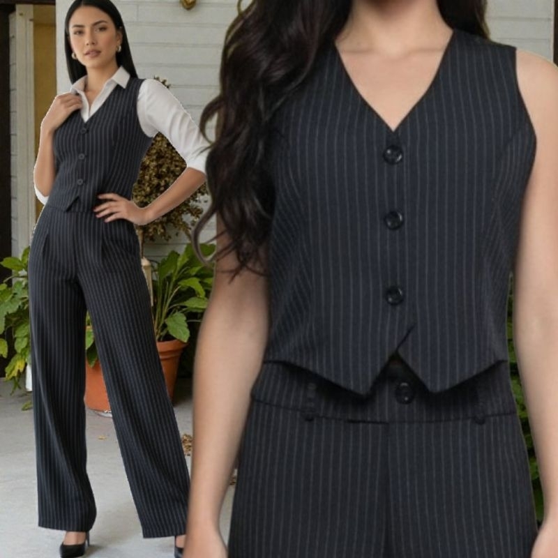 CONJUNTO ALFAIATARIA FEMININO – CALÇA + COLETE RISCA DE GIZ Elegante • Social • Chic em Oferta na Shopee