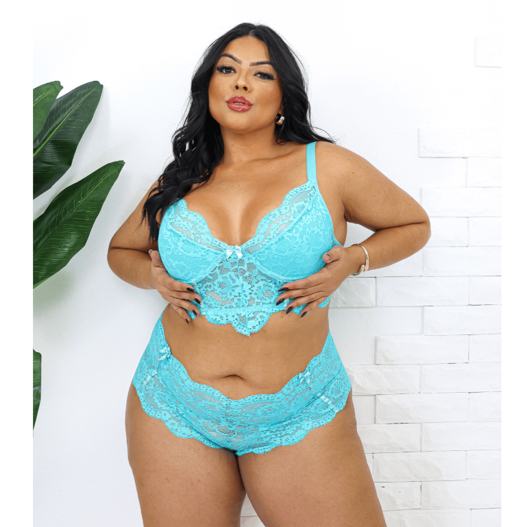 Lingerie Plus Size Conjunto com Alça Reforçada Croped e Caleçon Tamanho 48/50/52/54 Renda Cores Neon