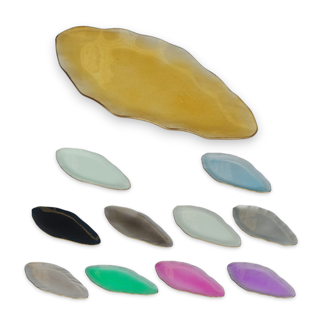 Base Decorativa Folha em Vidro Várias Cores com Borda Dourada- 33 cm