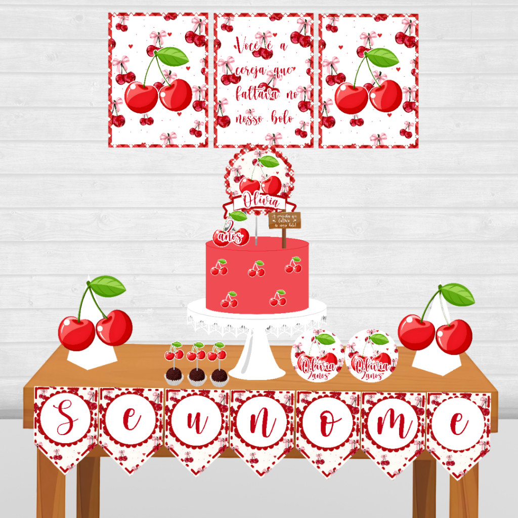 Kit Festa Cerejinha personalizado/mesversário aniversário/ Lembrançinha 47 itens