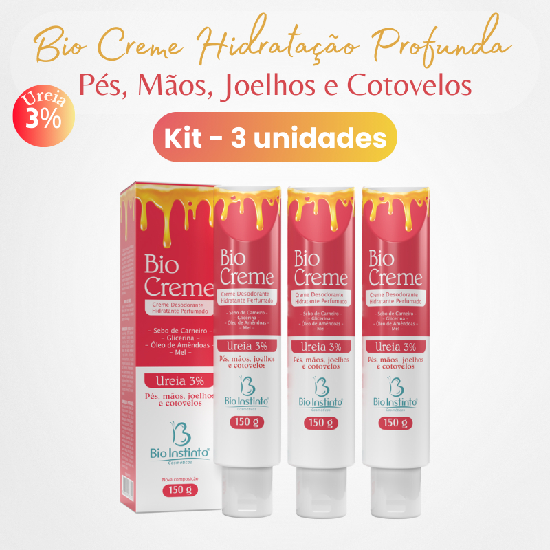 KIT C/ 3 Creme Desodorante Bio Creme Bio Instinto 150g - Pés, Mãos, Joelhos e Cotovelos