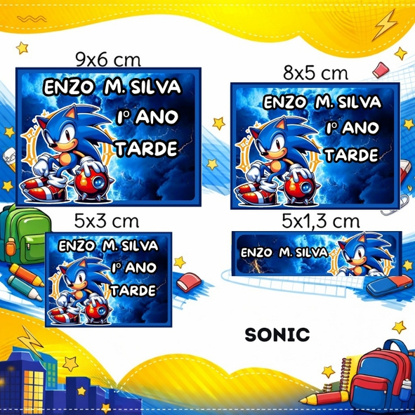 KIT 108 ETIQUETAS ESCOLARES SONIC PERSONALIZADAS em Oferta na Shopee