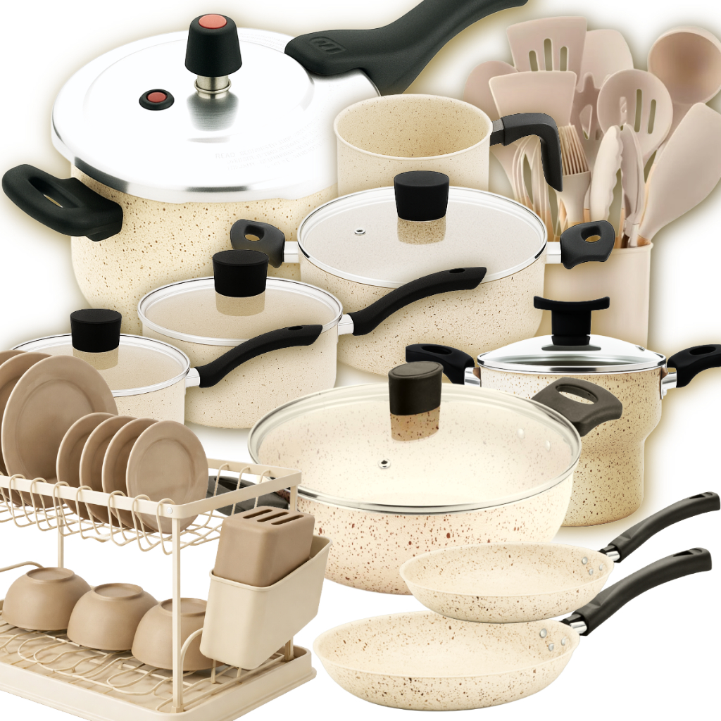 Jogo de Panelas Teflon 22p Bege c/ Pressão 4,5L + Utensílios + Fervedor + Wok Paella + Escorredor