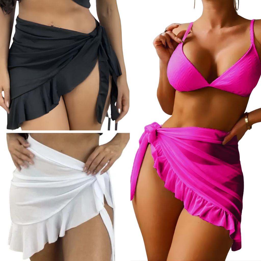 Saída de Praia Curta com babado de Amarrar KIT C/3 Saia Pareo de Amarrar Praia em Oferta na Shopee