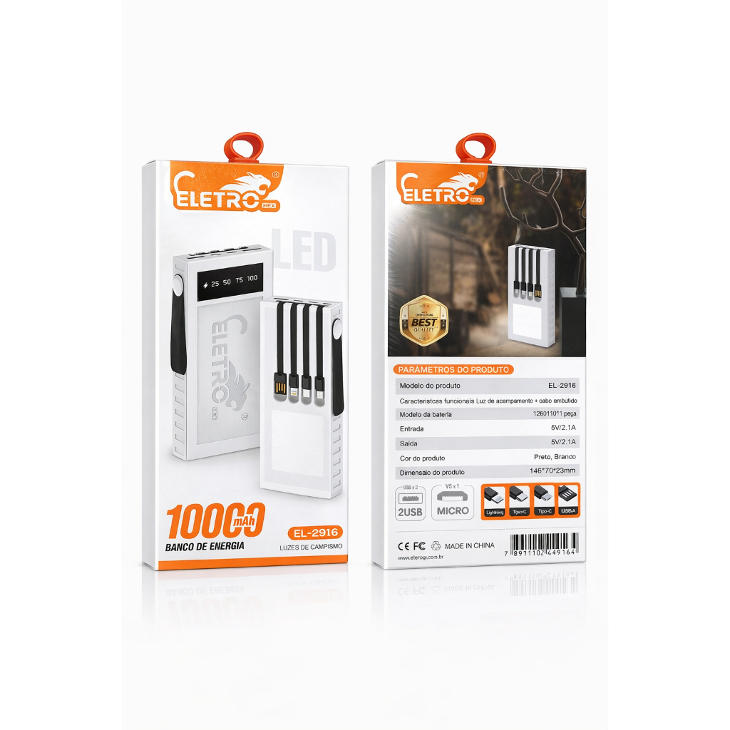 Power Bank Eletro 10.000mAh com 4 Cabos Embutidos e Display LED Carregamento Rápido