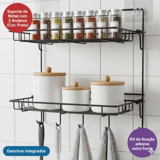 Porta temperos e talheres Organizador Cozinha Suporte Multiuso 2 Andares Ganchos integrados
