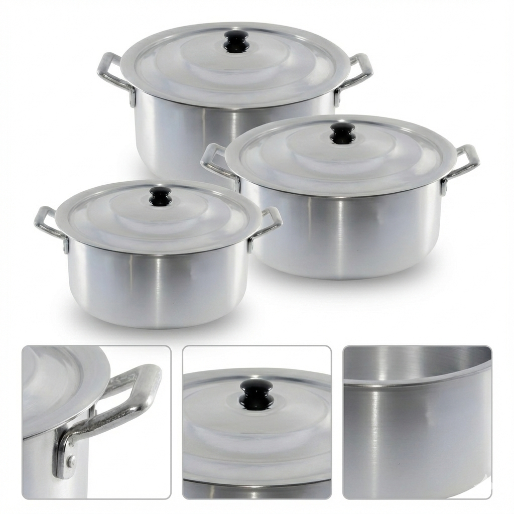 Imagem Kit Feijoada 3 Caçarolas Alumínio Polido Nº26 Nº28 Nº30 – Panela Caldeirão Reforçada com Fundo Firme e Brilho Premium