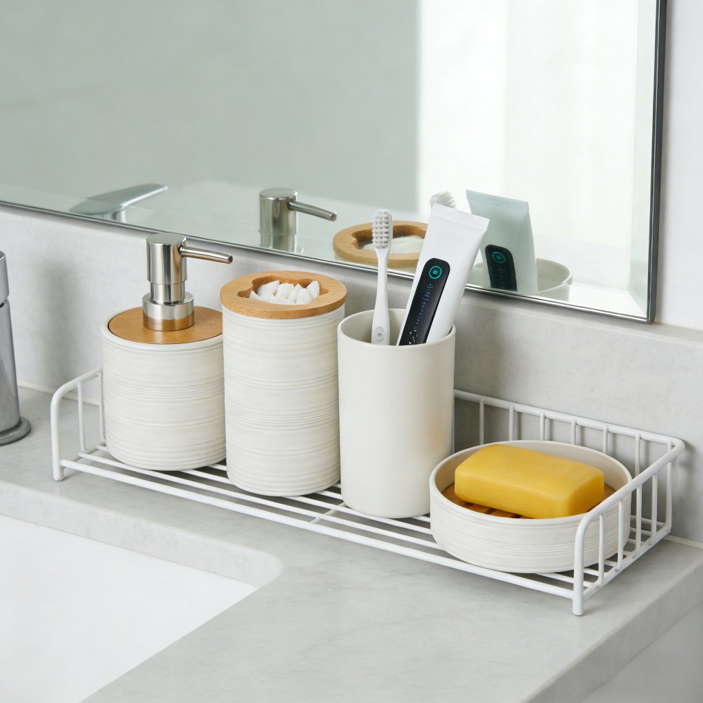 Kit Banheiro 4 Peças Lavabo Porta Dupla Sabonete Líquido Dispenser Porta Escova de Dente Decoração