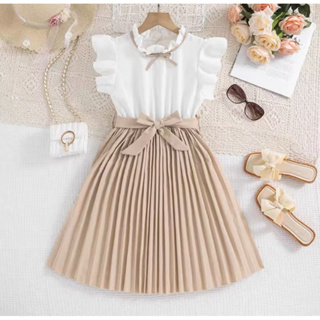Vestido Infantil Saia Plissada Elegante com Laço Manga Babado Festa em Oferta na Shopee