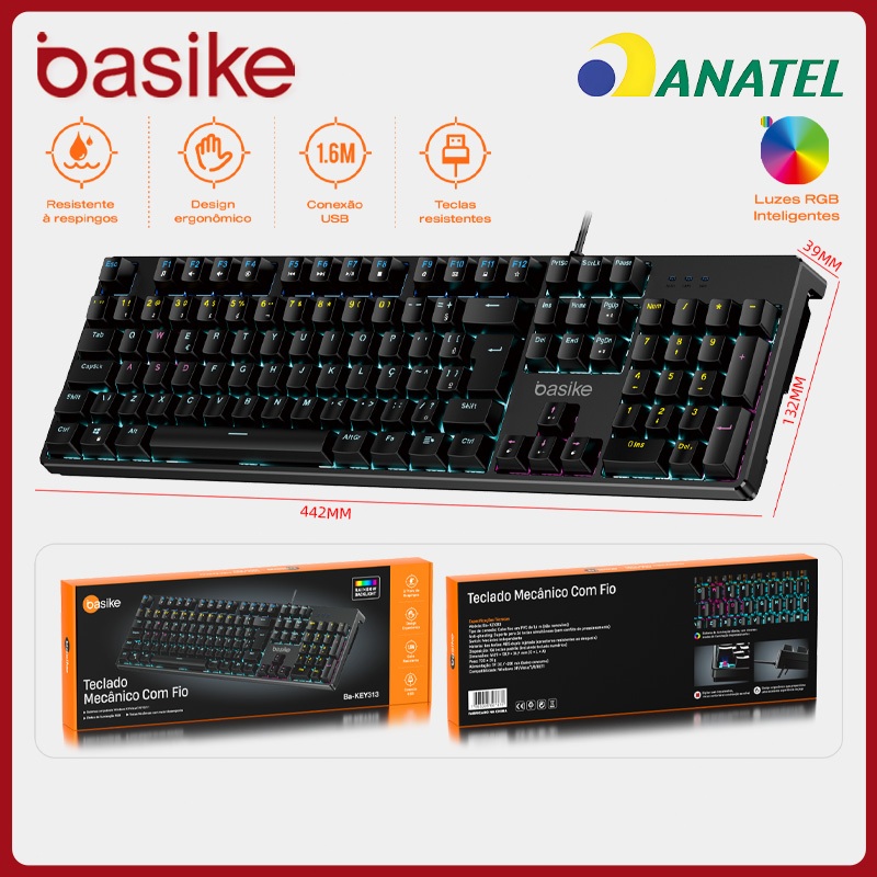 Basike Teclado Mecânico Switch Vermelho 89 / 106 Teclas，Teclado Gamer 26-Key Rollover Ergonômico，ABS Keycaps，RGB，key313 em Oferta na Shopee