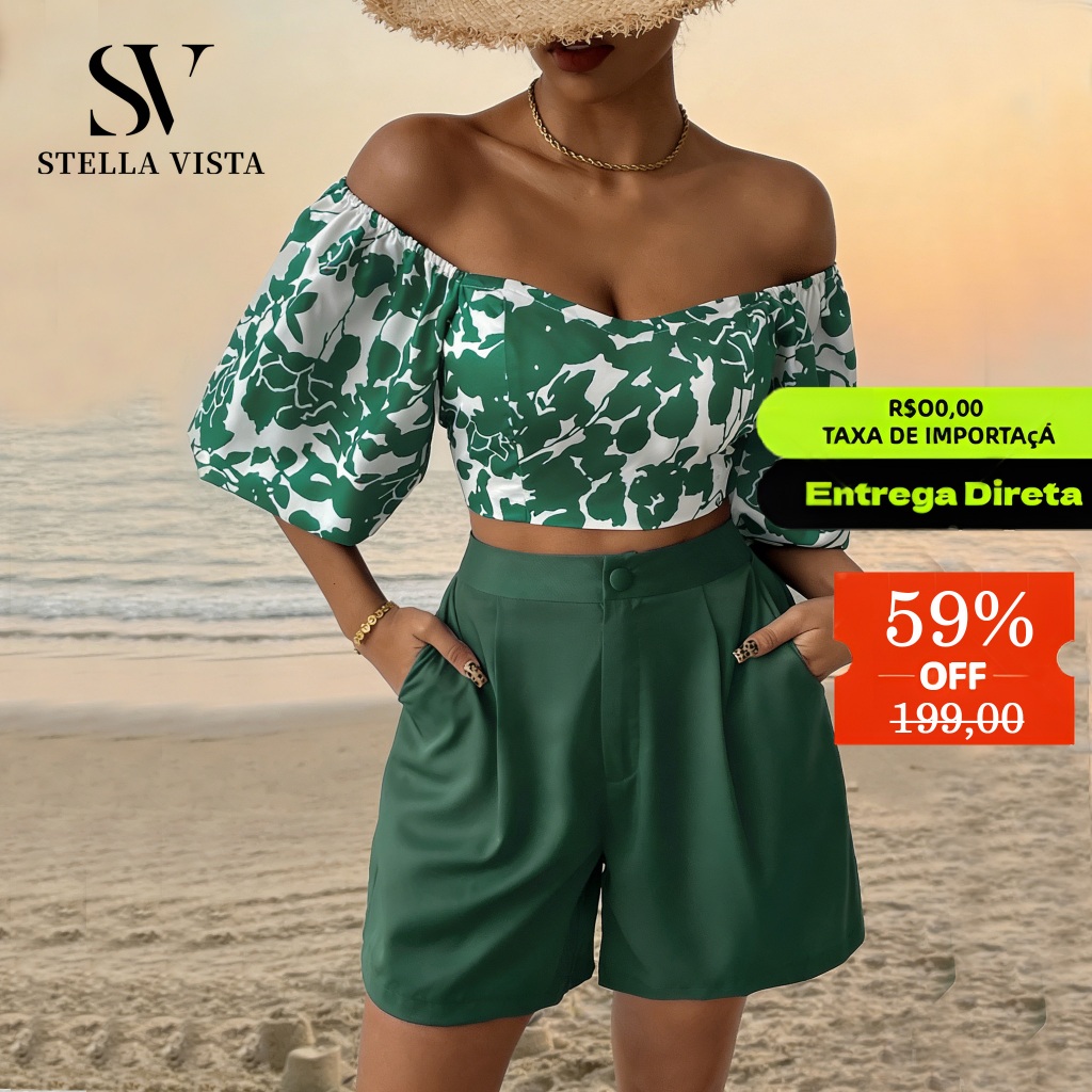 SV ——conjunto feminino com blusa estampada e calça pantalona de alfaiataria. em Oferta na Shopee