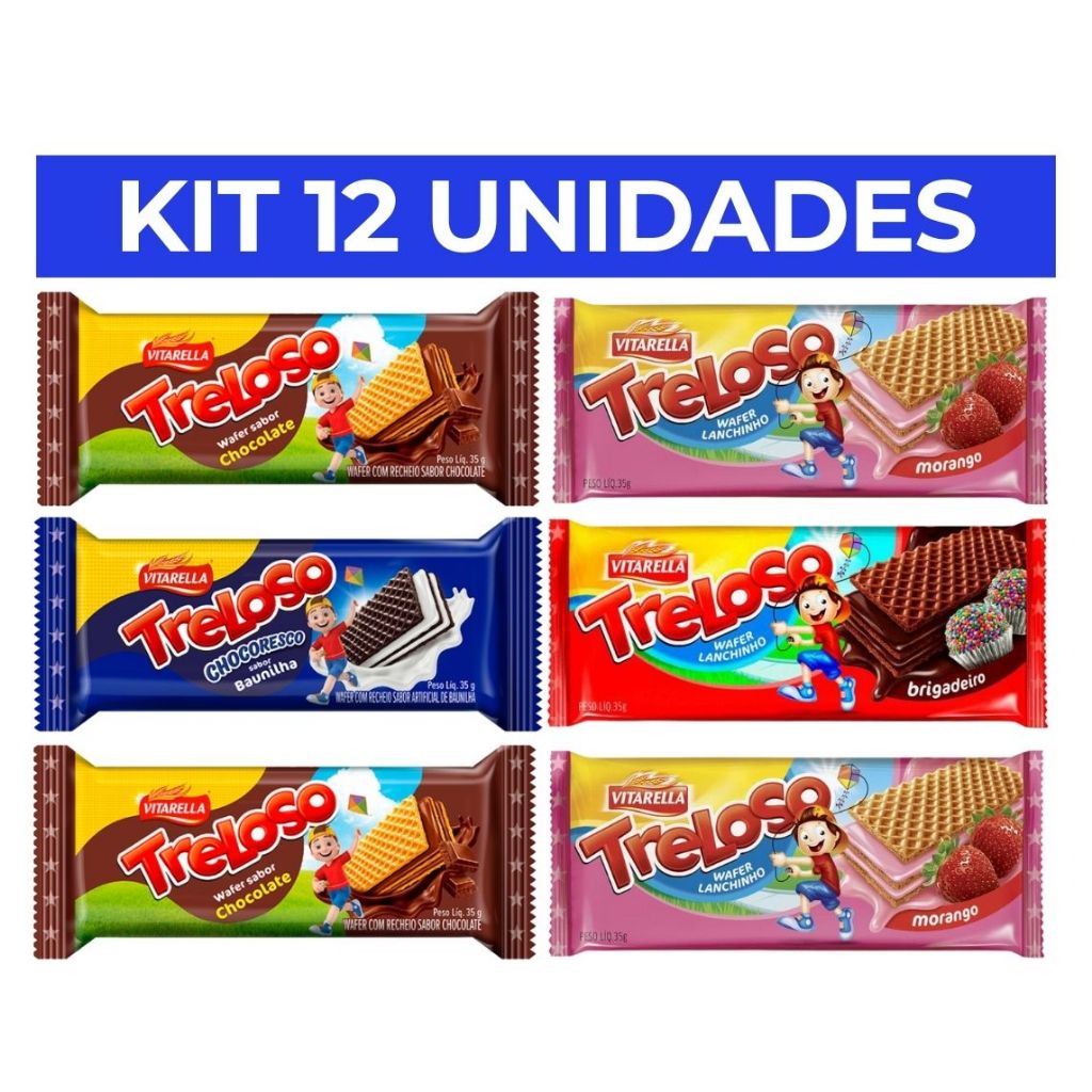 Kit 12 mini biscoitos wafer Treloso 35g – Vitarella | Pernambuco | Nordeste | Chocolate/Morango/Brigadeiro | Lanche em Oferta na Shopee