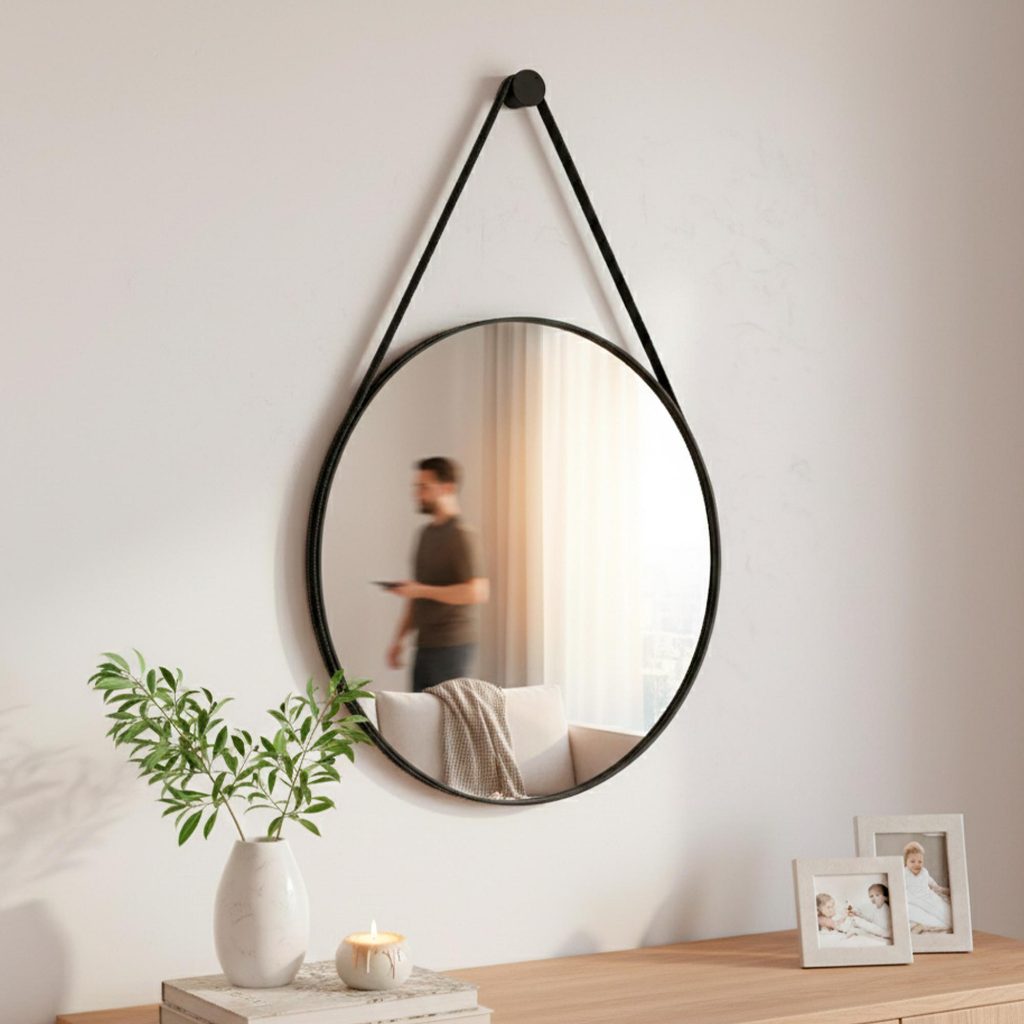 Espelho Redondo Adnet Parede Alça Em Couro 30cm para Banheiro Pequeno Maquiagem Mobilidade